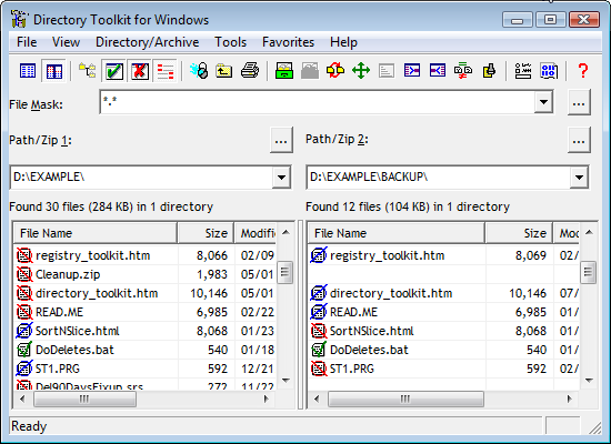 Directory Tookit Screen Shot - A file and archive manager that can compare and synchronize files in two paths, perform file operations, rename files in archives, find duplicate files in two paths, display the actual differences in content between two files, decode encode email attachments, Touch files, display file type information, and much more. The program has automated functions for network managers. 